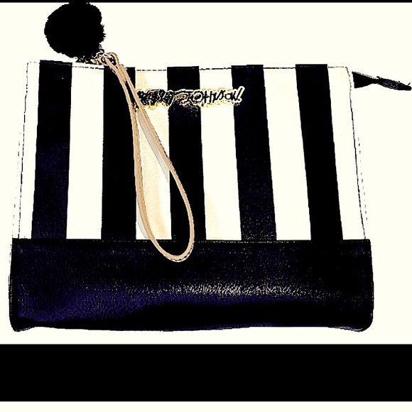 BETSEY JOHNSON BLACK CREAM STRIPED MAKEUP BAG CLUTCH PURSE BAG TOTE LARGE 1… - Picture 8 of 8